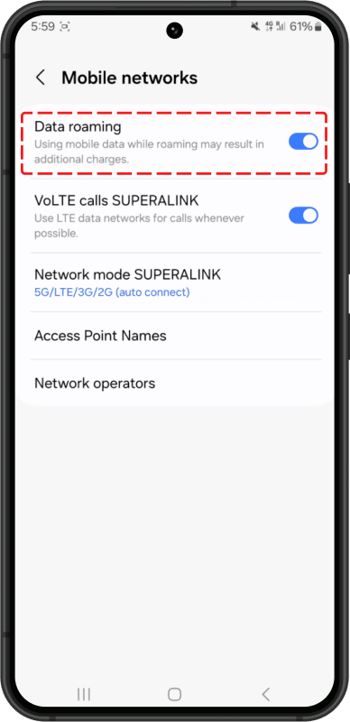 12. Switch ON “Data Roaming”